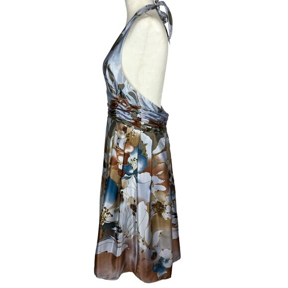 Adrianna Pappell Occasions Blue Floral Silk Halter Dress Sz. 12 - Picture 4 of 9